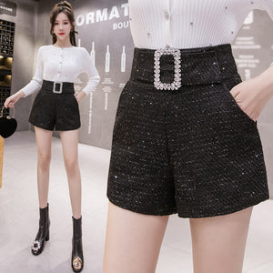 1223 Xinliangyi Women's Tweed Sequins Wide Belt High Waist Wide Leg Shorts