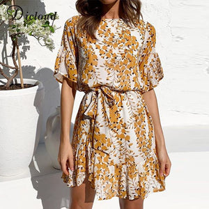 394 DICLOUD Boho Short Sleeve Chiffon Summer Light Floral Print Dress