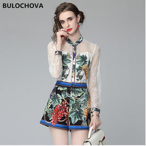 288 BULOCHOVA High Quality Women's Pant Suits Lace Patchwork Shorts Tops