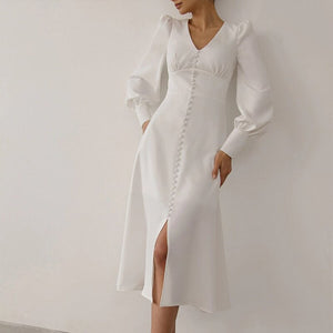752 Mcckle Women's Lantern Sleeve A-Line High Waist Slim Elegant Satin Long Dresses