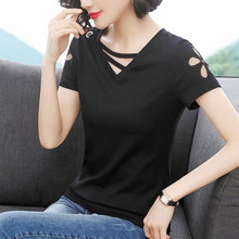 Load image into Gallery viewer, 1174 Women&#39;s Pullover Short Sleeve O-neck Patchwork T-Shirts Tops Plus
