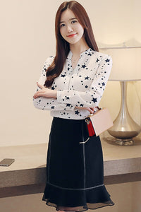 1024 Sure XIAO Story Women's Long Sleeve Button Down Chiffon Stars Blouse Shirt