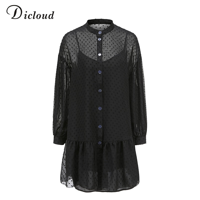 395 DICLOUD Elegant Black Dot Puff Long Sleeve Mini Dress