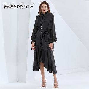 1071 TWOTWINSTYLE Women's Lantern Sleeve Lace Up Patchwork Ruffles Dresses