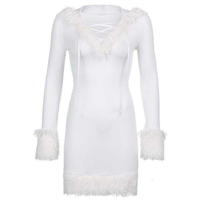 937 Rockmore Furry Long Sleeve V-neck Hooded Christmas Mini Dresses