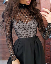 Load image into Gallery viewer, 590 Imcute Women&#39;s Black Sheer Fit &amp; Flare Turtleneck Long Sleeve Midi Dresses