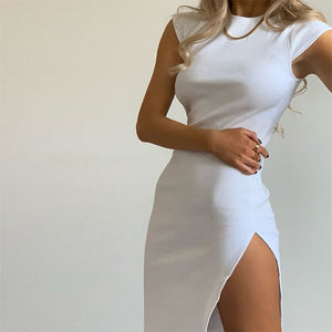 1109 Waatfaak Women's Summer Vintage Style Split White Dress