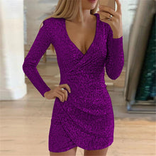 Load image into Gallery viewer, 1415 Women&#39;s Long Sleeve Deep V-neck Sequined Mini Dress