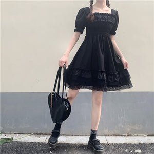 173 Alyaboomty Women's Lolita Style Puff Sleeve Princess Black Ruffle Mini Dress