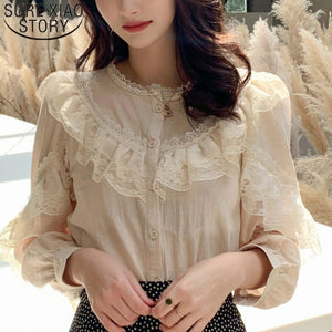 1021 SURE XIAO STORY Elegant Ladies Long Sleeve Ruffle Lace Blouse Tops