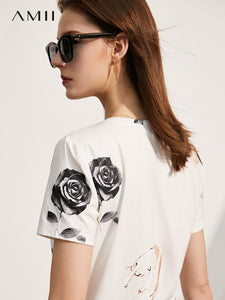 175 Amii Minimalism Summer Women's Printed O-neck Loose Short Sleeve Tops