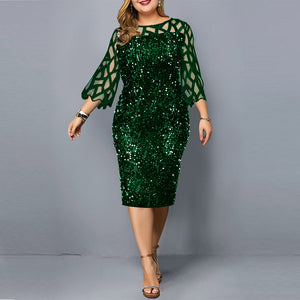 746 Make Tina Women's Elegant Sequin Mesh 3/4 Sleeve Midi Dresses Plus
