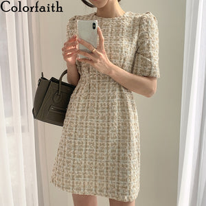 350 Colorfaith Women's Summer High Waist Puff Sleeve Checkered Plaid Mini Dresses