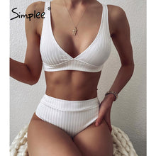 Load image into Gallery viewer, 983 Simplee  Solid Ribbed High Waist V-Neck Swimsuit Bathing Suit