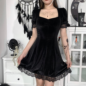 595 InsGoth Vintage Lace Black Goth High Waist Short Sleeve A-Line Mini Dress