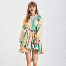 Load image into Gallery viewer, 1070 TWOTWINSTYLE Irregular Color Patchwork O-neck Long Puff Sleeve Dress