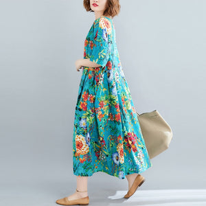 1135 Women's Boho Short Sleeve Floral Cotton Linen Loose Long Dress Plus