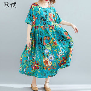 1135 Women's Boho Short Sleeve Floral Cotton Linen Loose Long Dress Plus