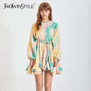 1070 TWOTWINSTYLE Irregular Color Patchwork O-neck Long Puff Sleeve Dress
