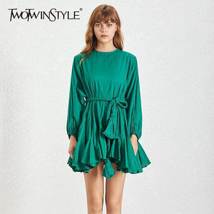 1072 TWOTWINSTYLE Women's O-Neck Puff Sleeve Patchwork Pleated Dresses
