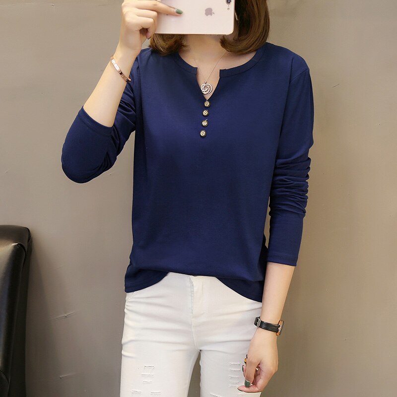228 Banerdanni Long Sleeve Buttons V-Neck Solid Tee Casual Loose Knit Top Plus