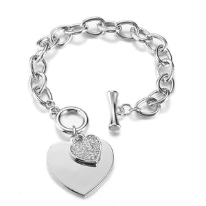970 Shefly Gold Love Heart Charm Silver Color Link Chain Toggle Clasp Bracelet