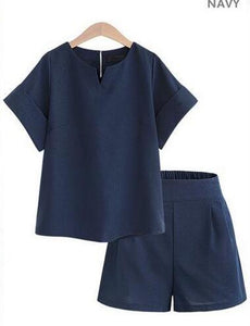 257 Birdtree TB Cotton Linen Two Piece Set V-Neck Short Sleeve Tops/Shorts Suits Plus