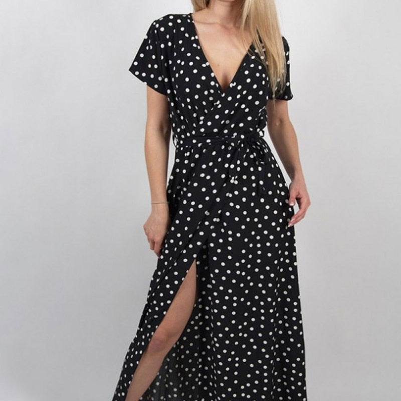 1404 Women's Long Split Polka Dot Short Sleeve V-neck Maxi Dress