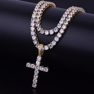 286 Bubble Letter Gold Cross 4mm Cubic Zirconia Tennis Chain Pendant Necklace