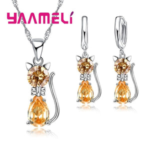 1230 Yaameli Cute AAA Zircon Cat Pendant Necklace & Earrings Sets Real Sterling Silver