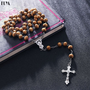 453 EXYNLON High Quality Fashion Rosary Wood Beads DIY Cross Pendant Necklaces