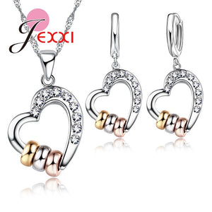 1231 Yaameli Luxury Sterling Silver CZ Heart W/3 Rings Pendant Necklace & Earrings Set