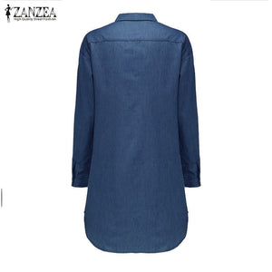1269 ZANZEA Women's Vintage style Long Sleeve Button Down Denim Mini Dress Plus