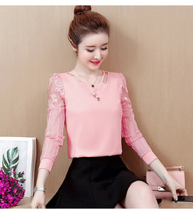 1022 Sure XIAO Story Lace V-Neck Women's Hollow Out Chiffon Long Sleeve Blouse