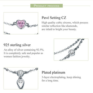 222 BAMOER Romantic 925 Sterling Silver Sweet Heart Pink CZ Double Layers Bracelets