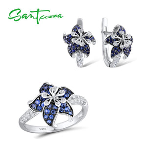 952 Santuzza Authentic Sterling Silver Blue Star Flower White CZ Ring & Earrings Set
