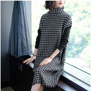 602 ISINBOBO Women's Black Long Sleeve Houndstooth Knitting Stretch Sweater Dress