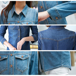 805 Msdaste Women's Vintage Style Long Sleeve Slim Denim Jeans Shirt Top Plus