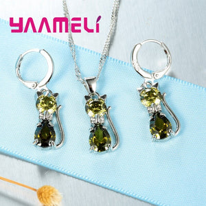 1230 Yaameli Cute AAA Zircon Cat Pendant Necklace & Earrings Sets Real Sterling Silver