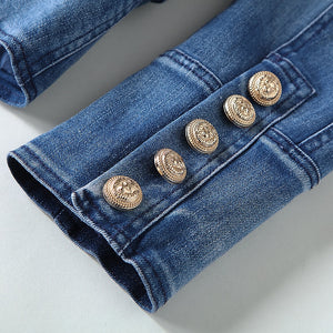 856 O'Dressy HIGH QUALITY Designer Lion Buttons Double Breasted Denim Jacket