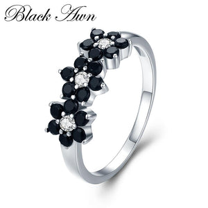 271 Black Awn Cute 925 Sterling Silver Fine Flower Bague Black Spinel Wedding Ring