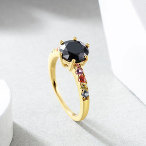 428 E 14K Gold Plated 925 Sterling Silver Rainbow Cz Black Agate Ring