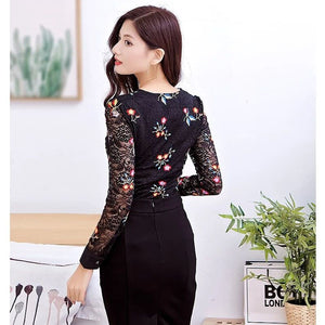 1383 Women's Hollow Out Style Long Sleeve Patchwork Spliced Lace Blouse