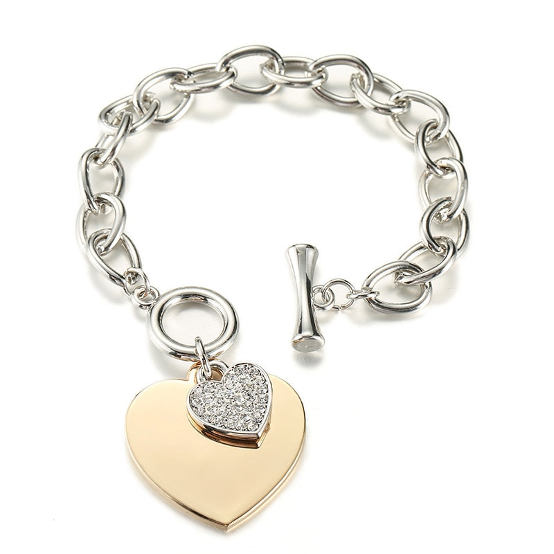 970 Shefly Gold Love Heart Charm Silver Color Link Chain Toggle Clasp Bracelet