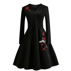 1145 Women's Embroidery Vintage Style Long Sleeve Floral Christmas Dress Plus