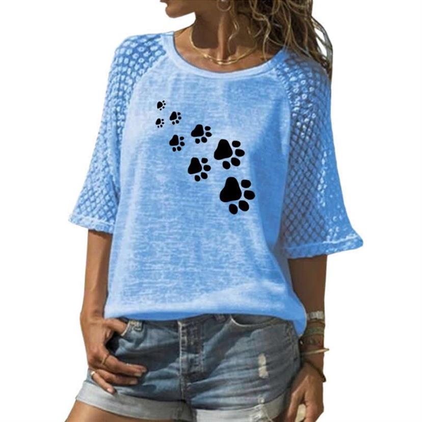 750 Mayhall Women's Lace Crew Neck Short Sleeve Dog Paw Print T-Shirt Plus
