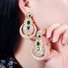 Load image into Gallery viewer, 375 CWW Zircons Dubai 18k Yellow Gold Vintage Style Emerald Long Big Drop Earrings