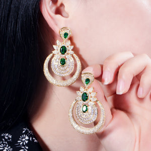 375 CWW Zircons Dubai 18k Yellow Gold Vintage Style Emerald Long Big Drop Earrings