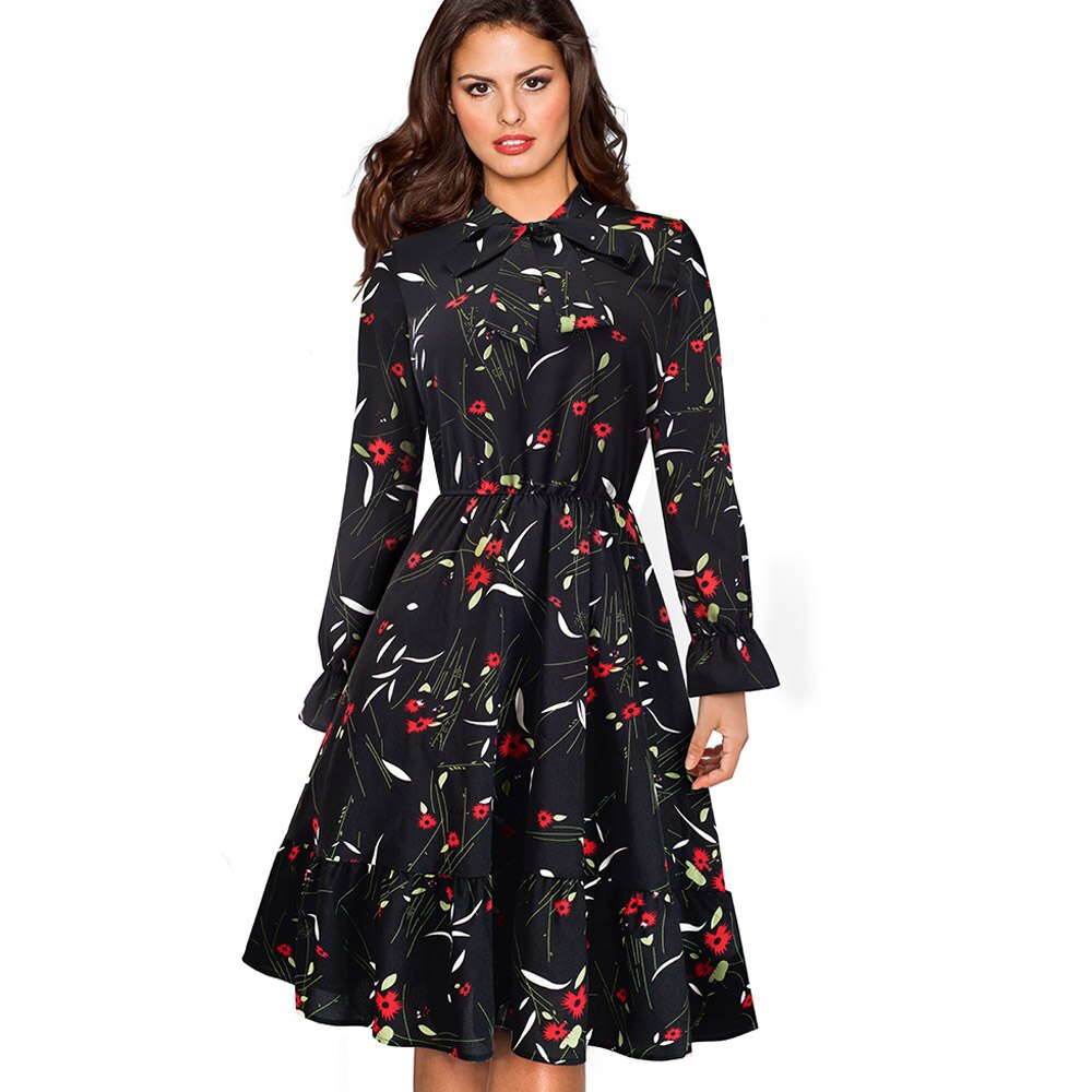 835 Nice-forever Elegant Vintage Style Polka Dots Long Sleeve A-line Dress
