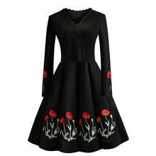 Load image into Gallery viewer, 1145 Women&#39;s Embroidery Vintage Style Long Sleeve Floral Christmas Dress Plus